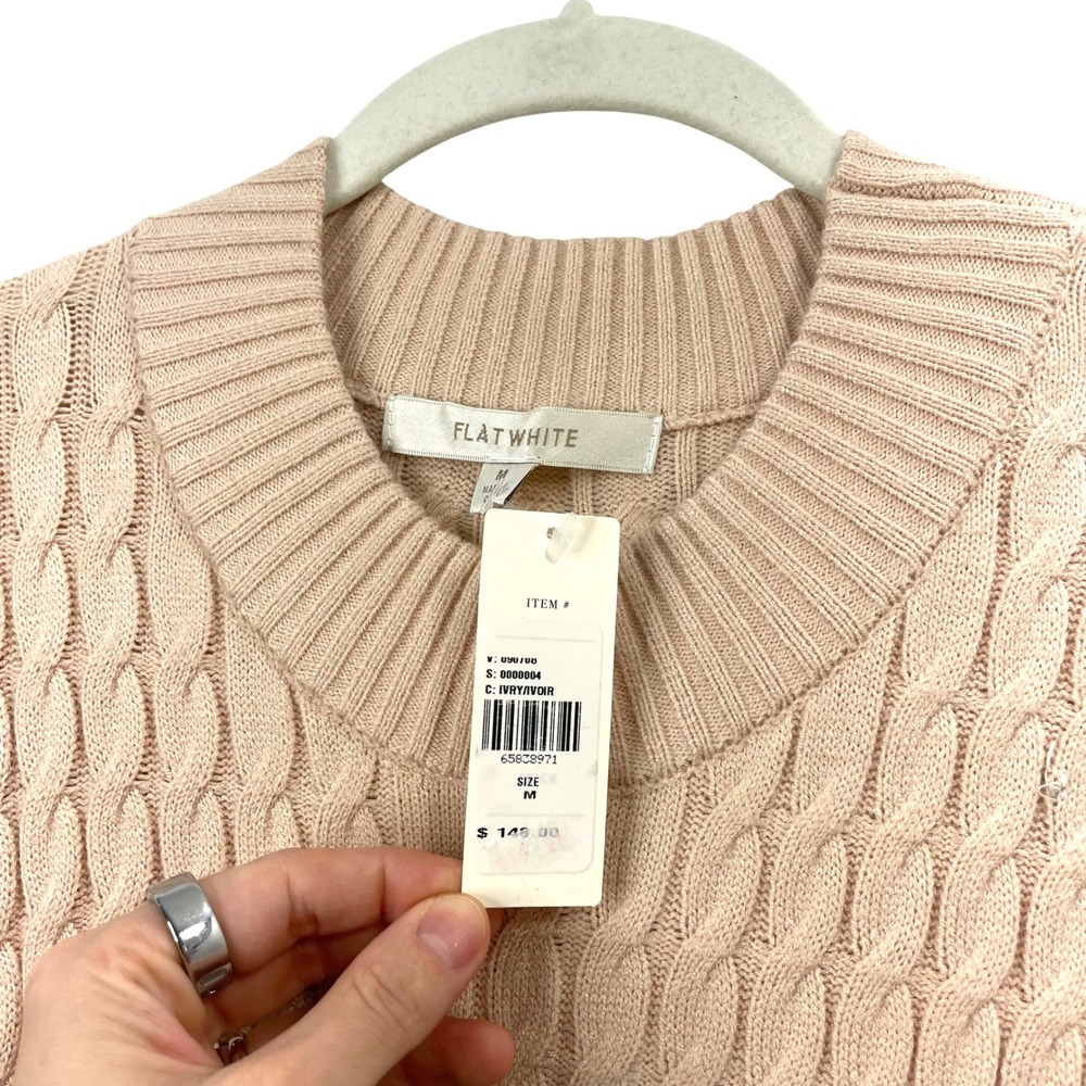 NEW Anthropologie Flat White cable knit ruffle sweater dress Size M tan beige - Picture 5 of 10